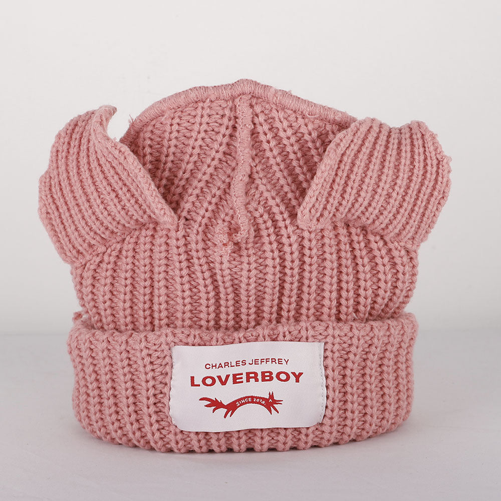 Double-layer thickened pig ear wool hat autumn and winter warm solid color knitted hat