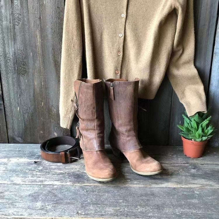 Side zipper thick heel mid leg knight boots for women retro round toe mid heel thin leather boots