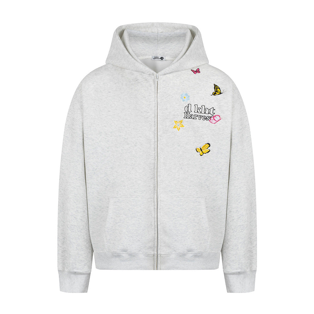 Butterfly letter embroidered hooded sweatshirt