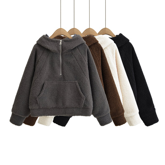 Half zip loose hooded sweatshirt