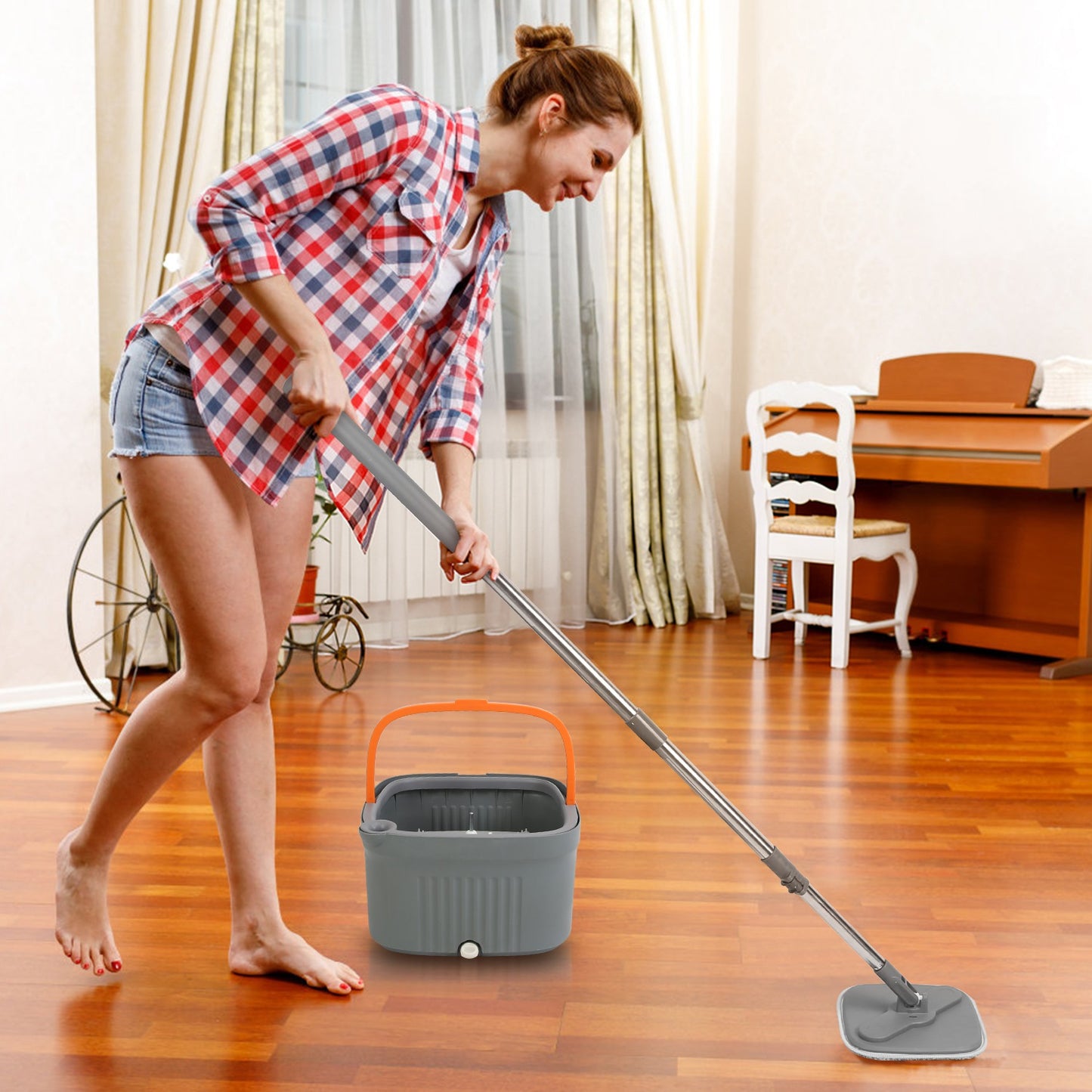 Spin Mop And Bucket System Includes Dual Compartment Mop Bucket 4Pcs Thick Washable Microfiber Mop Pads For Home Cleaning