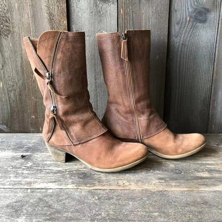 Side zipper thick heel mid leg knight boots for women retro round toe mid heel thin leather boots