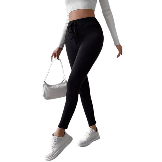Pure Color Fleece Drawstring Slim Warm High-Waist Outerwear Leggings