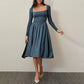Long Sleeve Solid Color Fitted Square Neck Pleated Dress for Women