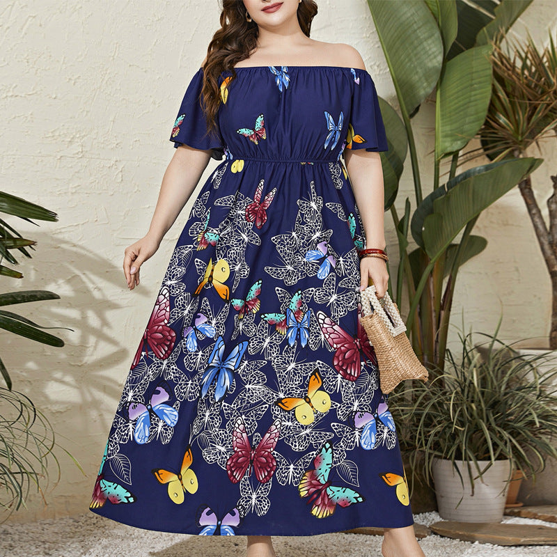 Chic Butterfly Print Off-Shoulder Long Dress for Women, Large Size, Middle Eastern Style, Youthful Look