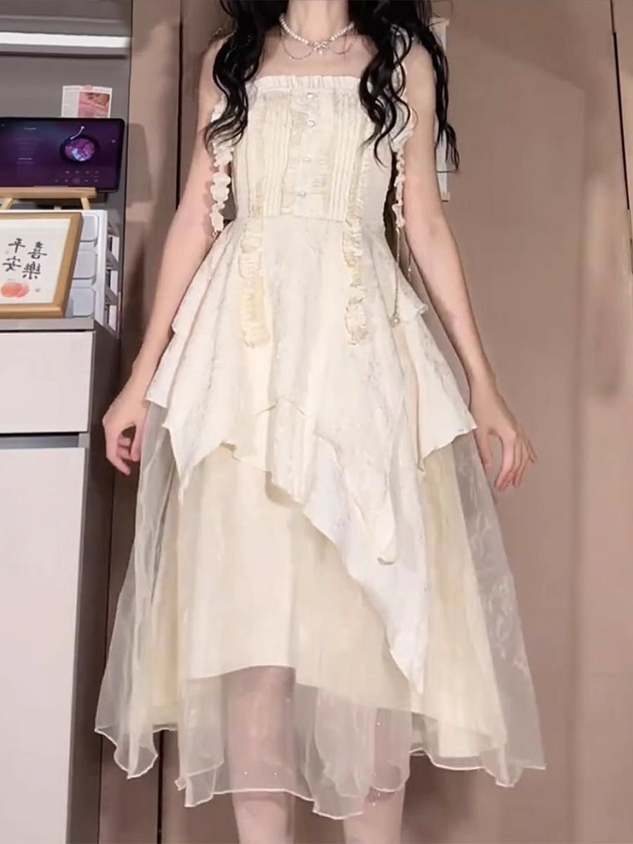 Gentle Princess Long Dress, Fairy-like Flowing Sweet Strap Irregular Pleated Dress for Women Summer