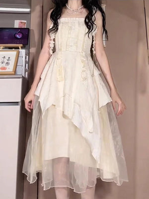 Gentle Princess Long Dress, Fairy-like Flowing Sweet Strap Irregular Pleated Dress for Women Summer