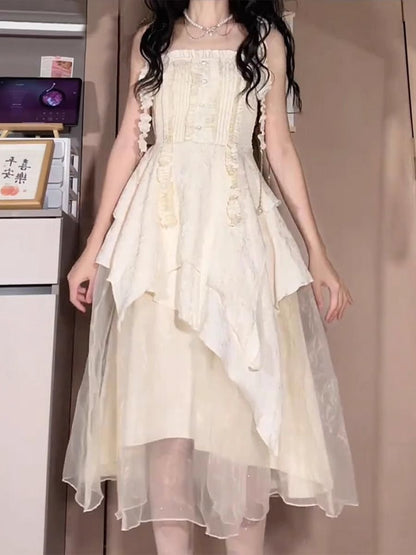Gentle Princess Long Dress, Fairy-like Flowing Sweet Strap Irregular Pleated Dress for Women Summer