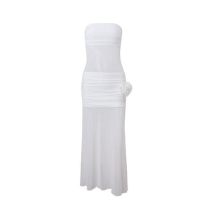 Elegant Bohemian Sexy Sheer Mesh Floral Strapless Dress for Women, Form-Fitting Design, Chic Long Dress