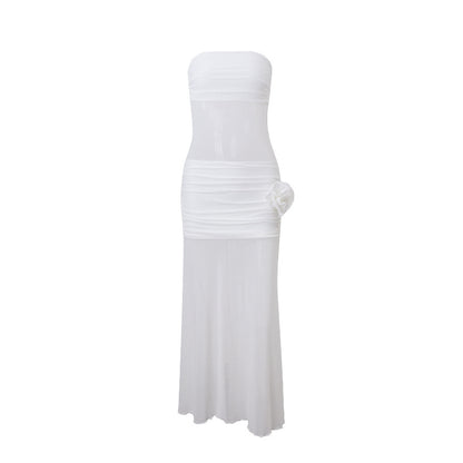 Elegant Bohemian Sexy Sheer Mesh Floral Strapless Dress for Women, Form-Fitting Design, Chic Long Dress
