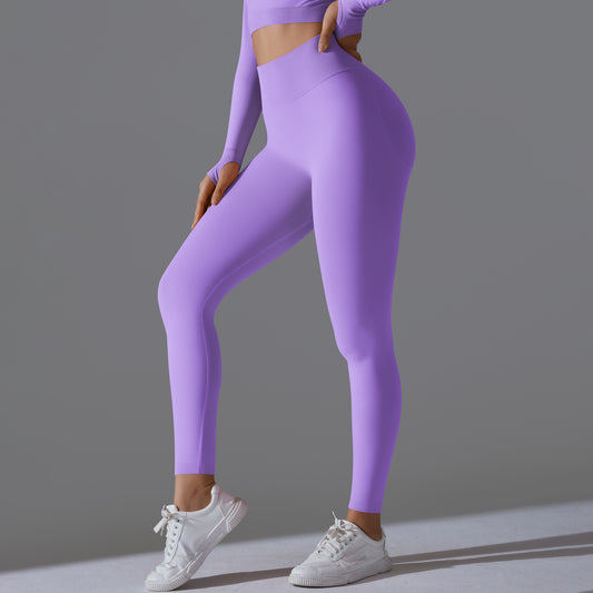 Seamless Solid Peach Sports Trousers for Women - Tight Running Fitness Yoga Pants with High Waist and Butt-Lifting Design
