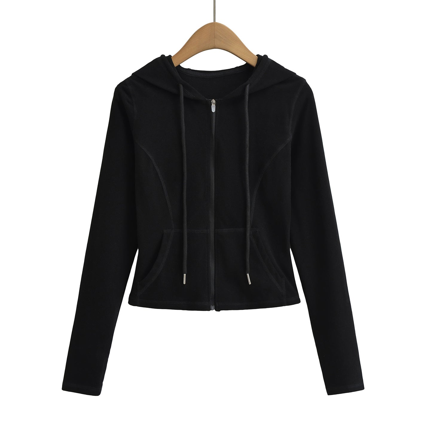 Drawstring hooded zipper long sleeved sweatshirt