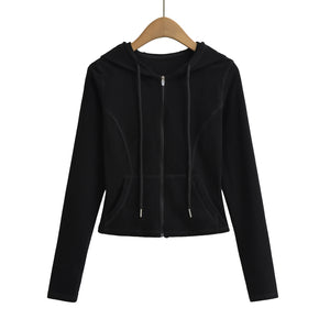 Drawstring hooded zipper long sleeved sweatshirt