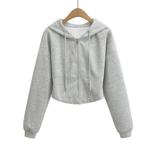 Hooded drawstring zipper long sleeved sweatshirt