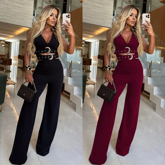 Fashion Women's V-Neck Decorative Button Waist Belt Top and Long Pants Set