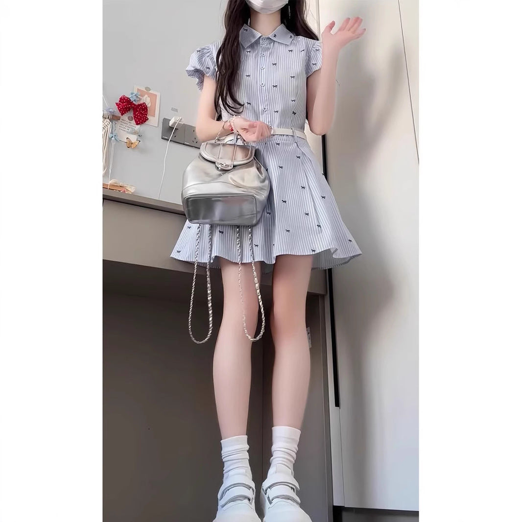 Blue Stripe Fitted Short Sleeve Shirt Dress for WomenPetite Friendly, Short Dress