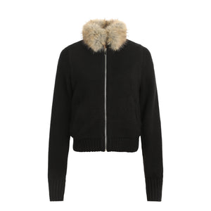 Retro warm fur collar knitted jacket for women