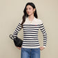 Color blocked striped polo collar lapel top for women