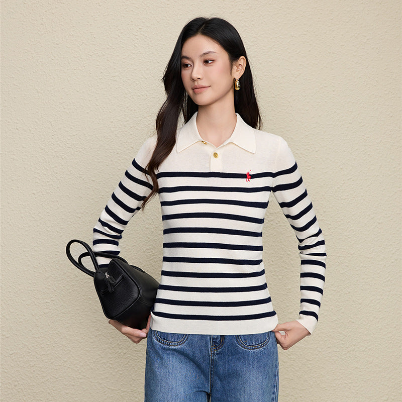 Color blocked striped polo collar lapel top for women