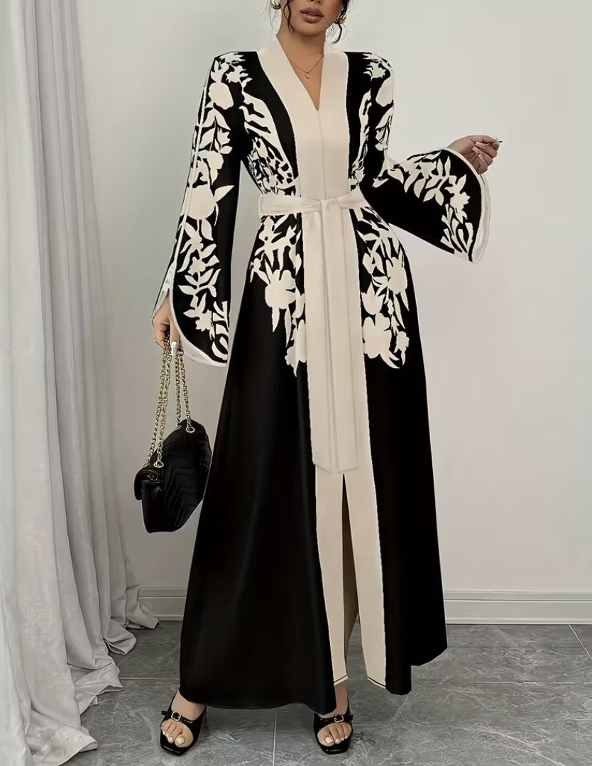 Clothing  V-neck Long Sleeve Printed Flared Dress with Tie Waist Long Cardigan Style Women's Dress