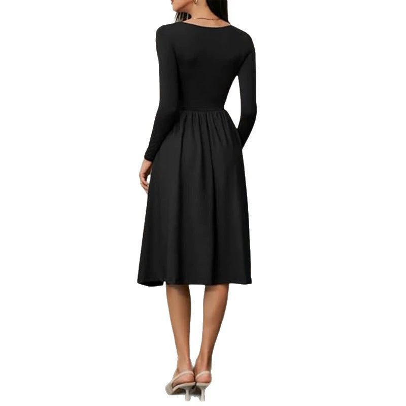 Long Sleeve Solid Color Fitted Square Neck Pleated Dress for Women