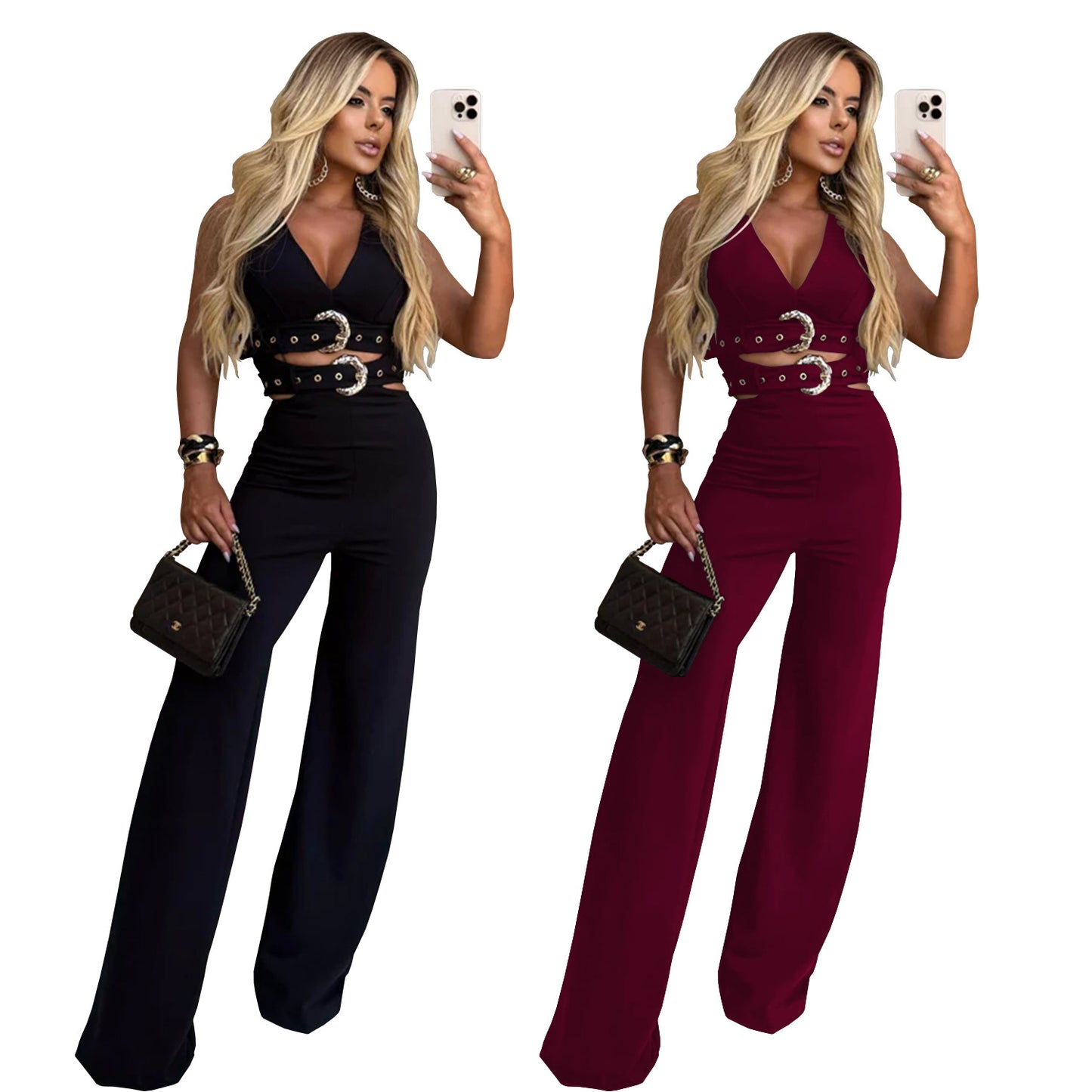 Fashion Women's V-Neck Decorative Button Waist Belt Top and Long Pants Set