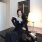 Chic Little Black V-Neck Dress for Women, Autumn Fashion, Elegant Fitted Inner Layer Long Dress
