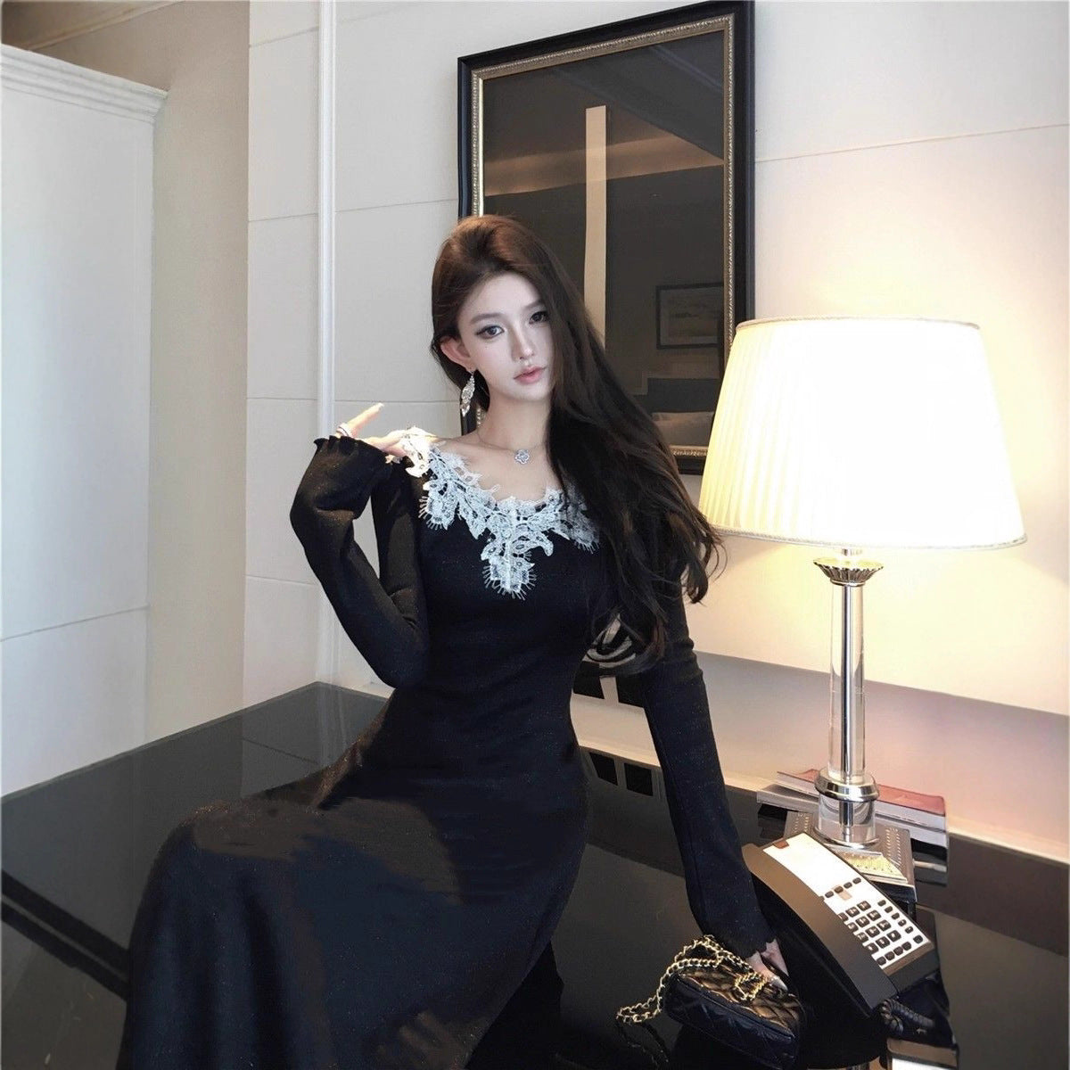 Chic Little Black V-Neck Dress for Women, Autumn Fashion, Elegant Fitted Inner Layer Long Dress