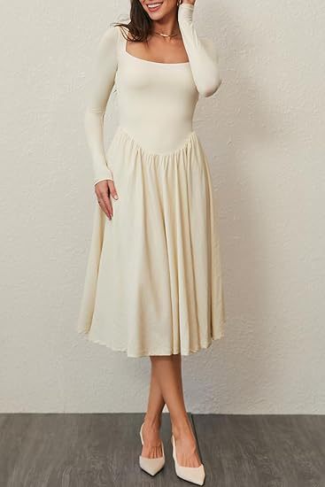 Long Sleeve Solid Color Fitted Square Neck Pleated Dress for Women