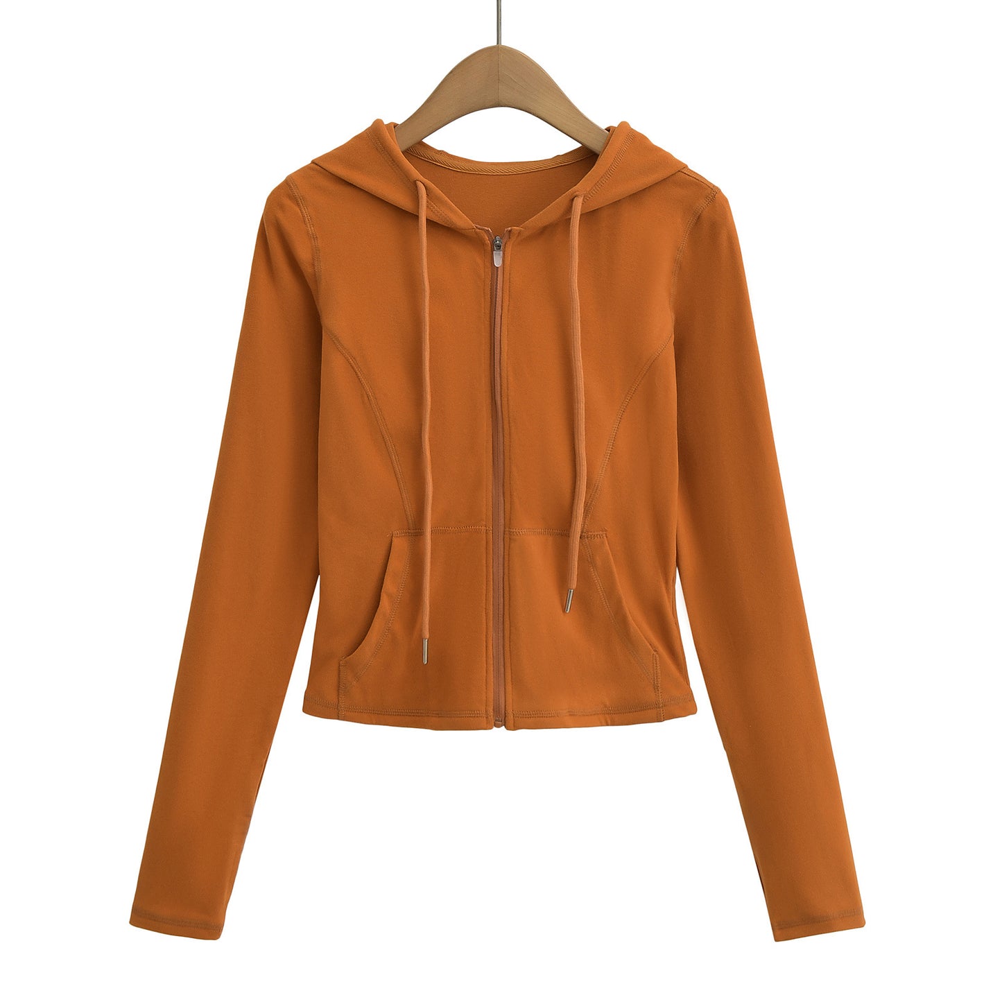 Drawstring hooded zipper long sleeved sweatshirt