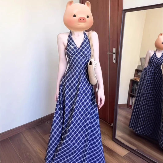 Vintage Plaid Halter Neck Dress for Women Summer Chic Vacation Style Fitted Slimming Elegant Strap Long Dress