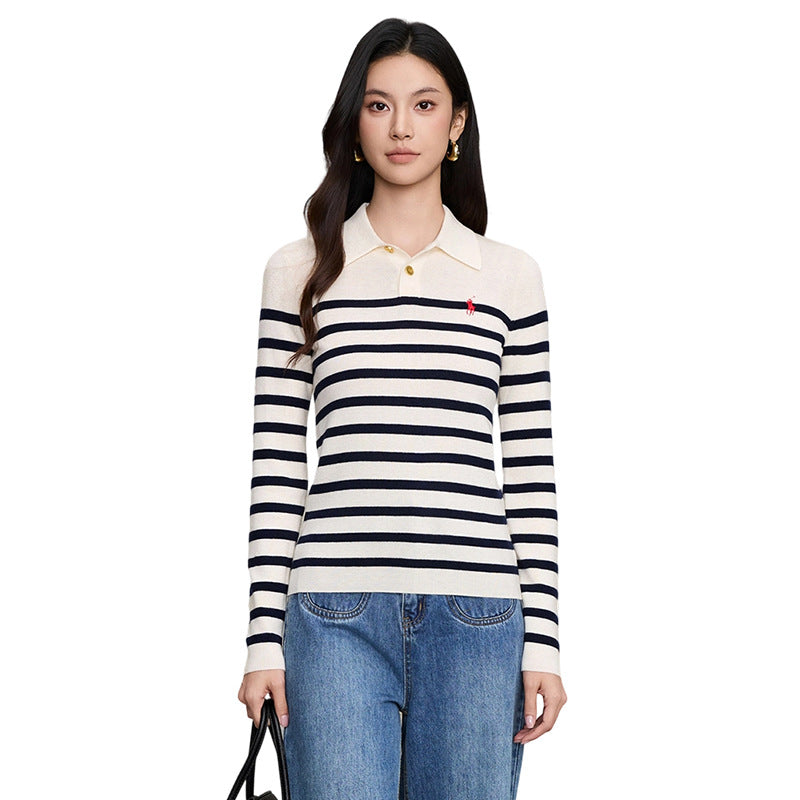 Color blocked striped polo collar lapel top for women