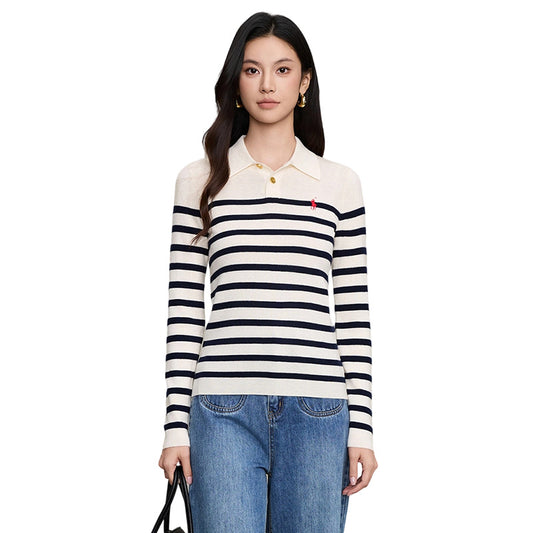 Color blocked striped polo collar lapel top for women