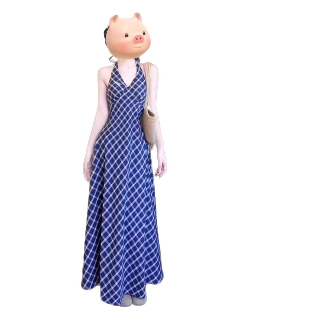 Vintage Plaid Halter Neck Dress for Women Summer Chic Vacation Style Fitted Slimming Elegant Strap Long Dress
