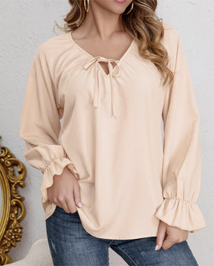 Spring and Autumn Fashion Commuter Shirt for Women, Lotus Sleeve, Long Sleeve, V-Neck, Loose Fit, Belted Top