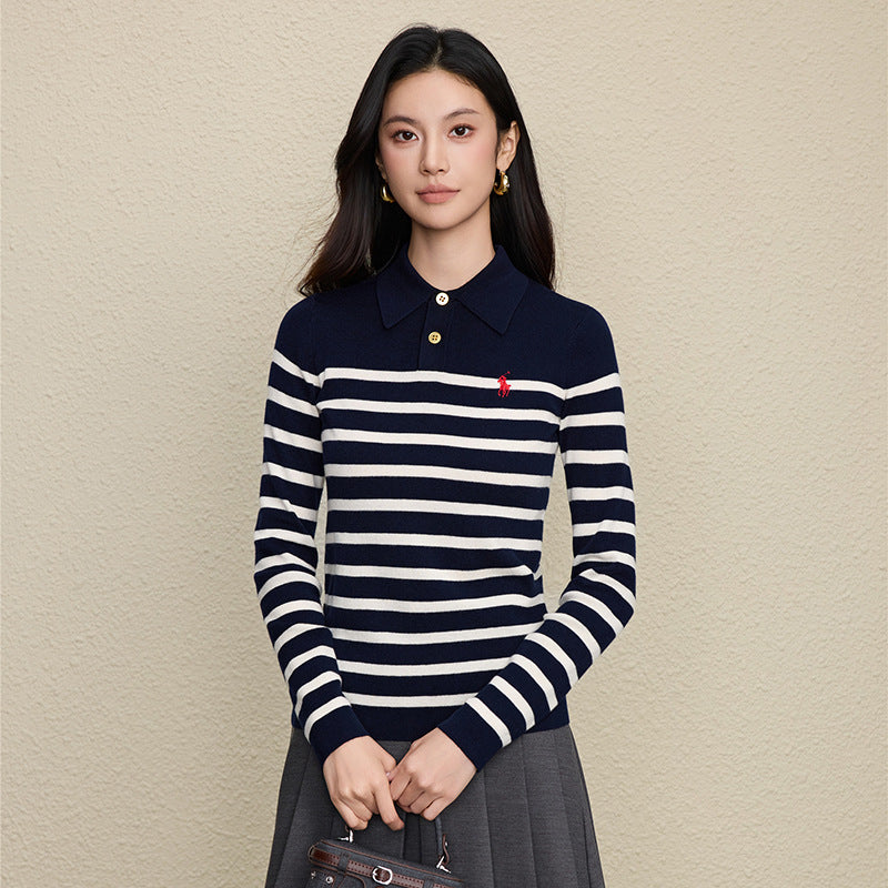 Color blocked striped polo collar lapel top for women