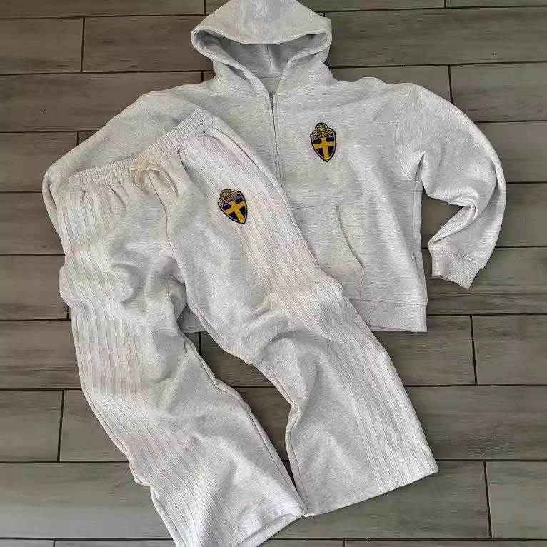 Embroidered Hooded Sweatshirt and Pants Set, Streetwear Fashion Casual Athletic Outfit