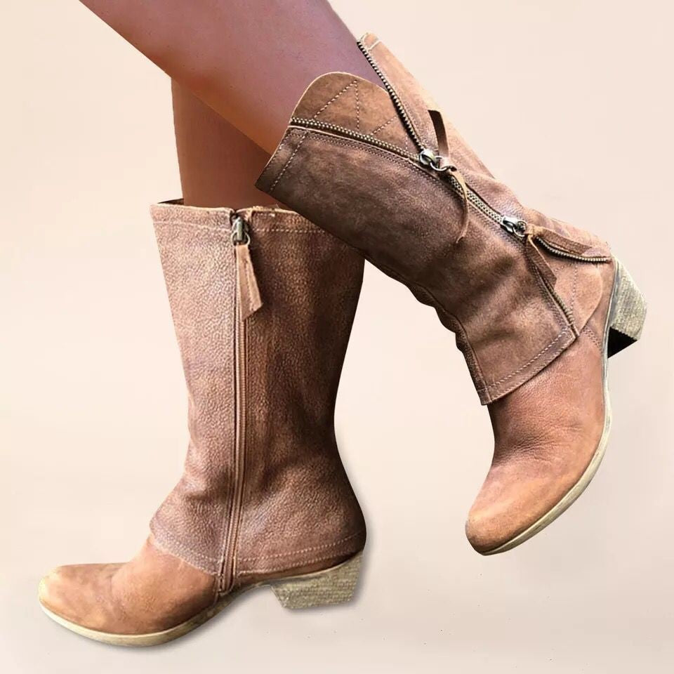Side zipper thick heel mid leg knight boots for women retro round toe mid heel thin leather boots