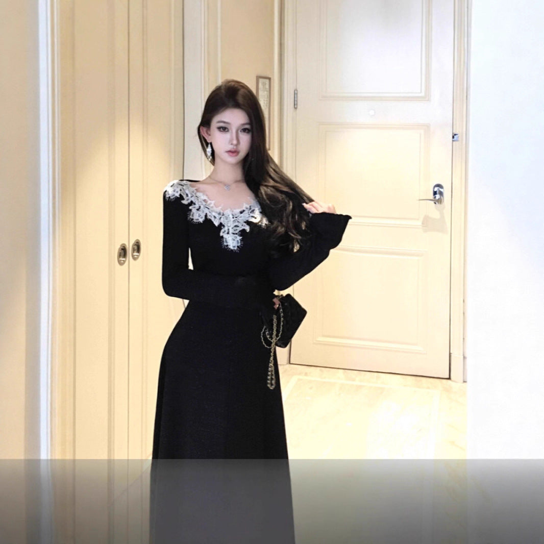 Chic Little Black V-Neck Dress for Women, Autumn Fashion, Elegant Fitted Inner Layer Long Dress