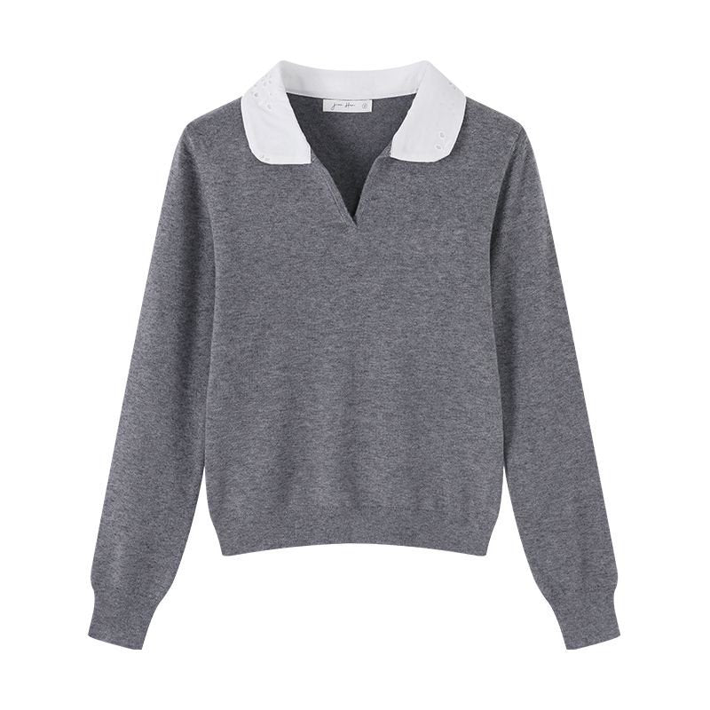 College Color-block Polo Neck Knit Top for Women
