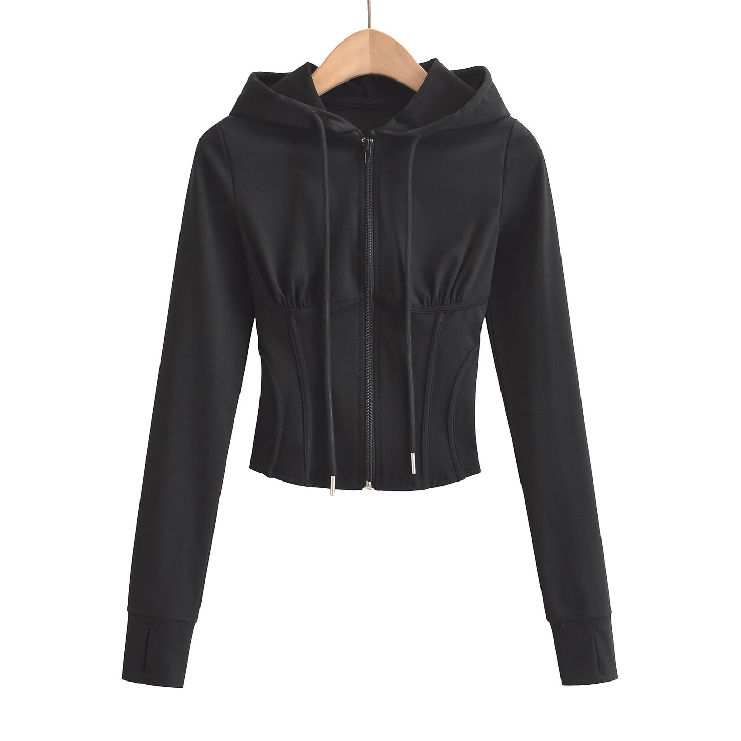 Slim fit drawstring hooded zipper top