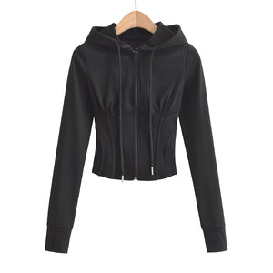 Slim fit drawstring hooded zipper top