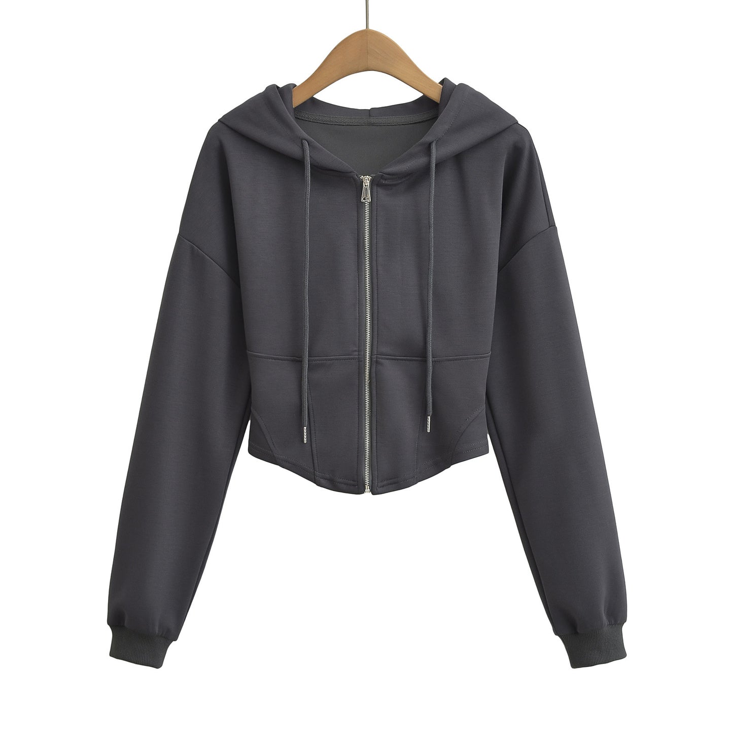 Hooded drawstring zipper long sleeved sweatshirt
