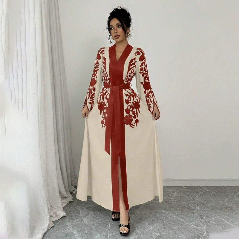 Clothing  V-neck Long Sleeve Printed Flared Dress with Tie Waist Long Cardigan Style Women's Dress