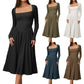 Long Sleeve Solid Color Fitted Square Neck Pleated Dress for Women
