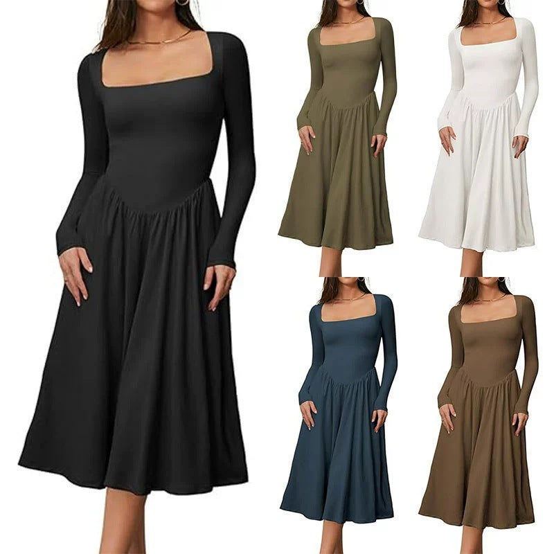 Long Sleeve Solid Color Fitted Square Neck Pleated Dress for Women