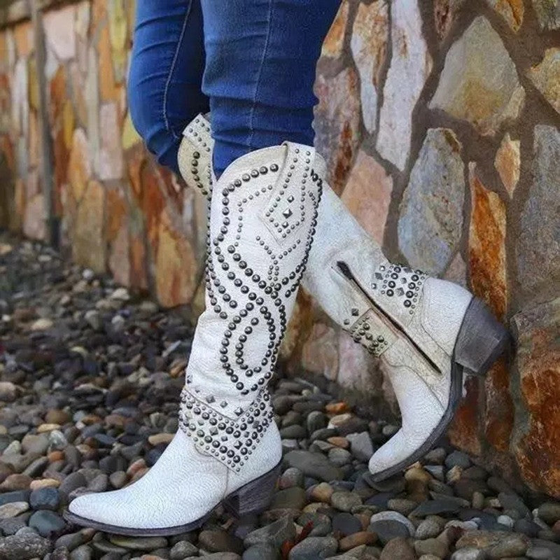 Riveted long boots thick heel middle heel riveted high heeled women's boots