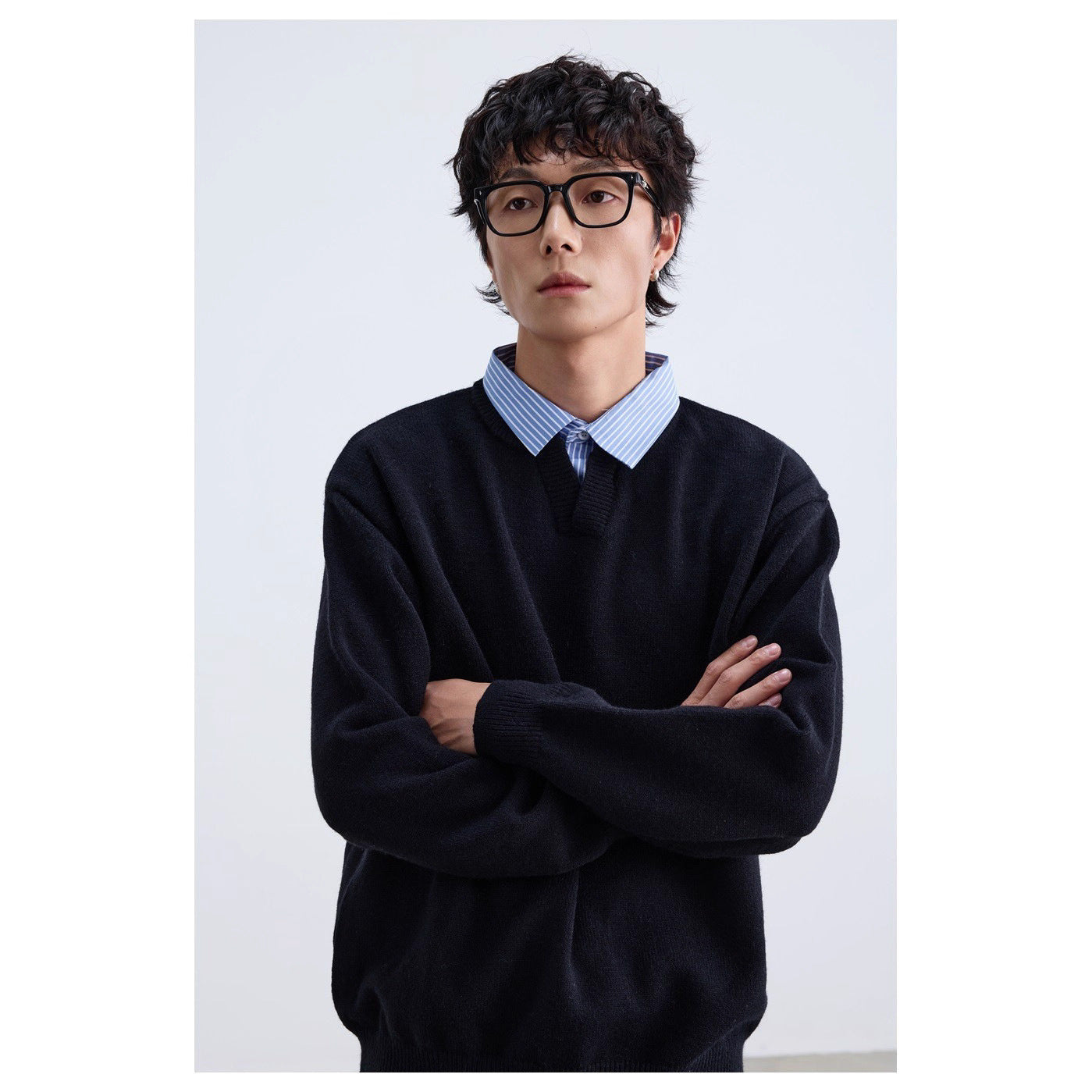 Fake Two-Piece Stripe Turn-Down Collar Sweater Top Knitwear