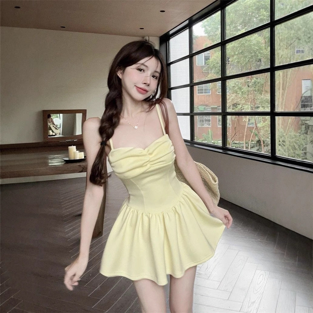 Yellow Strap Dress Women Summer Dopamine Sexy Short Figure Fitted Princess Puff Skirt Birthday Party Dress