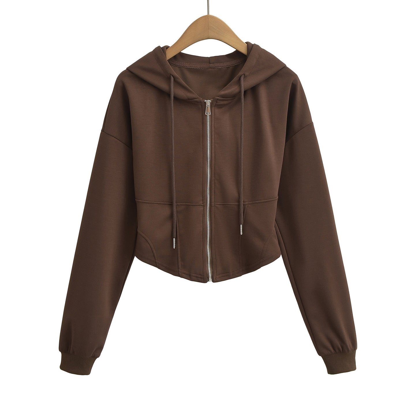 Hooded drawstring zipper long sleeved sweatshirt